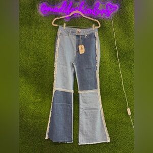easel Two-Tone Patchwork Flare Jeans in Light & Dark Blue